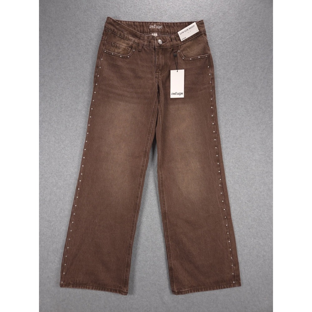 Refuge Womens Junior Size 7 Brown Low Rise Baggy Studded Jeans